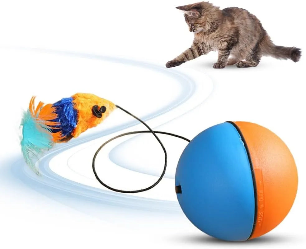 Blue and orange automatic rolling cat ball toy with self-activated motion for indoor pet play