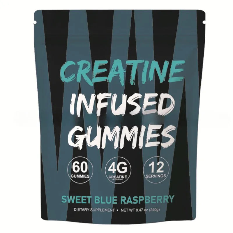 Creatine monohydrate nutritional supplement gummies in a box with 60 pieces, room temperature storage