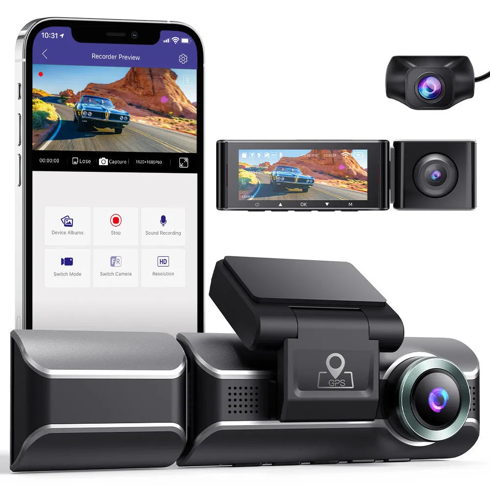 2K driving recorder dash cam with front and rear lenses, 3-inch screen, and car mounting bracket