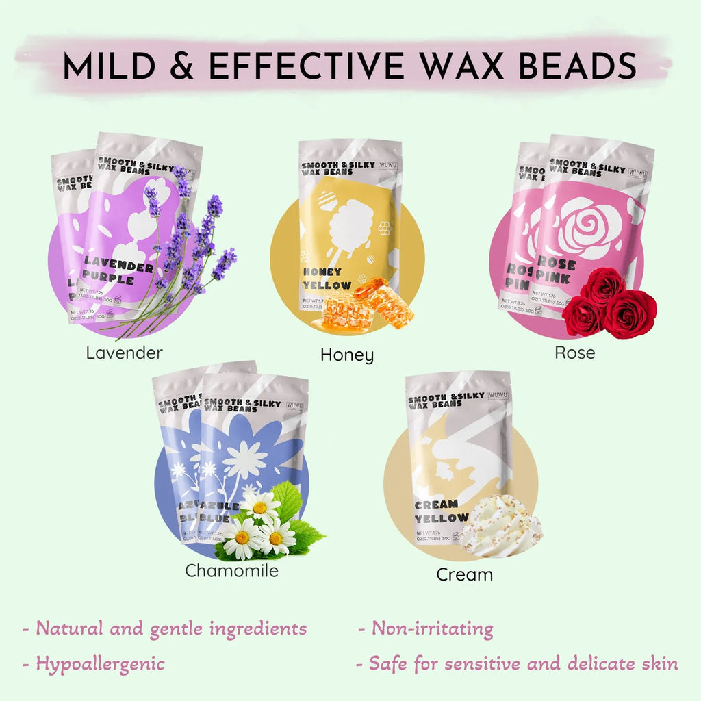 WUWUVISTA 63-piece hard waxing kit with black or pink warmer, wax beans, lotion, and applicator sticks