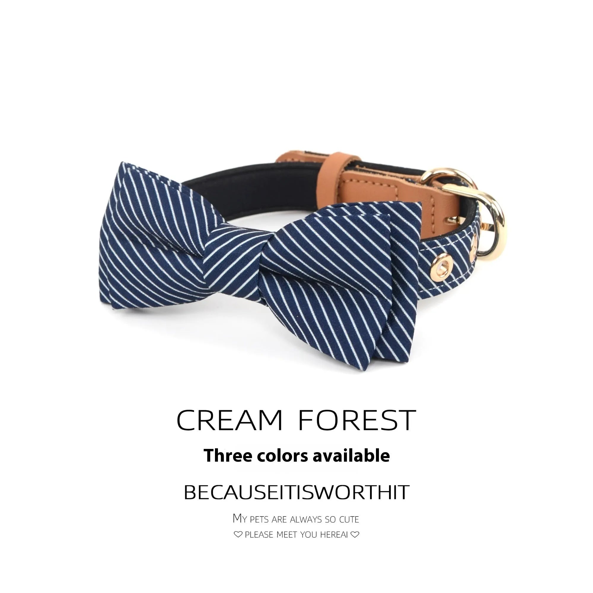 Simple cotton dog collar with detachable leather-accented bow in three colour options