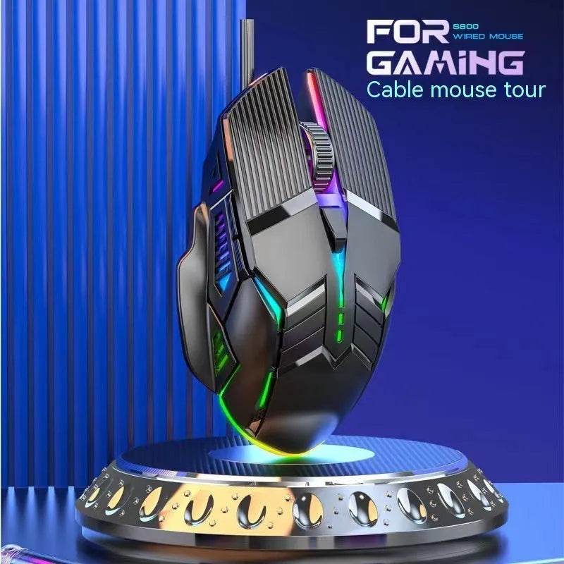 Wired mouse 6D colourful luminous mute version in black, white, and pink with USB cable