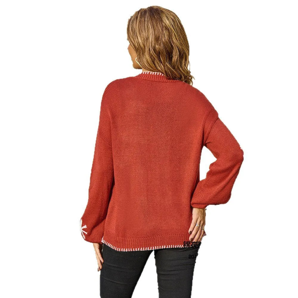 Beige plus size women's knitted cardigan coat with jacquard flower pattern, loose off-neck street fashion style.