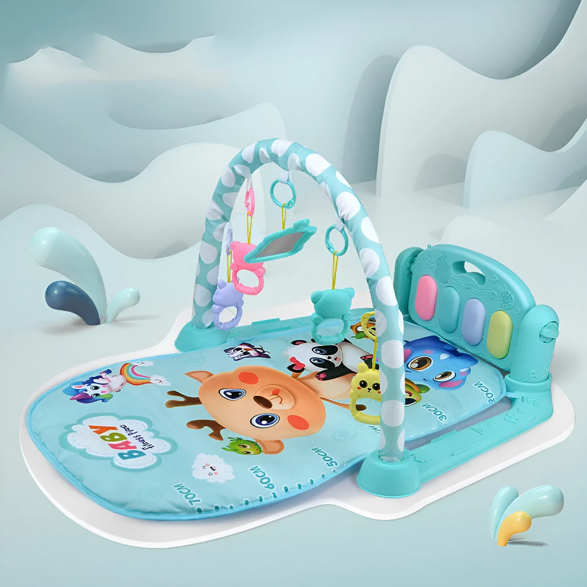 A blue baby fitness frame with a pedal piano and hanging toys for infant development.