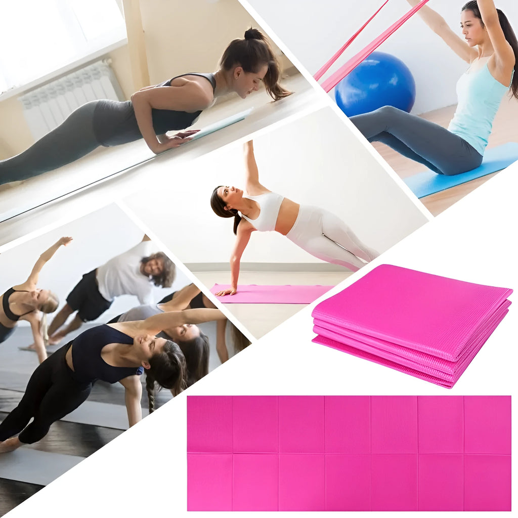 Folding non-slip PVC yoga mat in blue with handles, 173x61x0.4cm