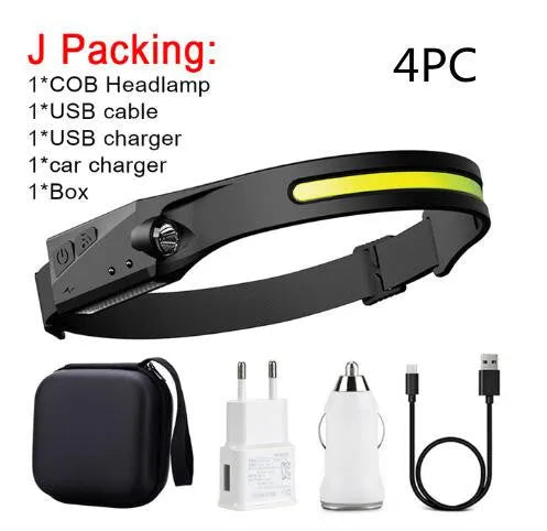 Black silicone USB rechargeable LED headlamp with side wave sensor, showing wide beam and long-range lighting.