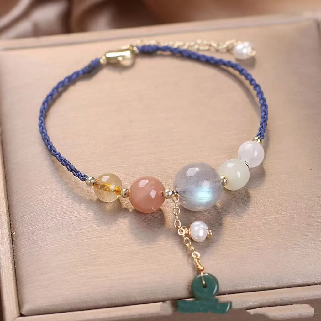 Hand-woven crystal peace buckle bracelet with sequins in blue, green, or red colour options