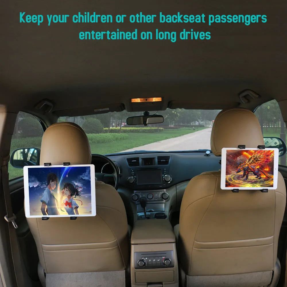 Black car headrest mount holder with four-point clamp for tablet on bumpy roads