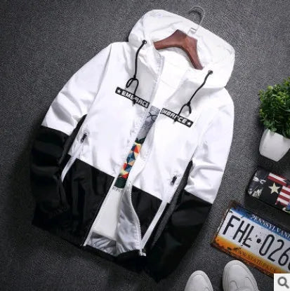 Men's casual hooded jacket in blue with slim fit and stripes, spring autumn thin section coat