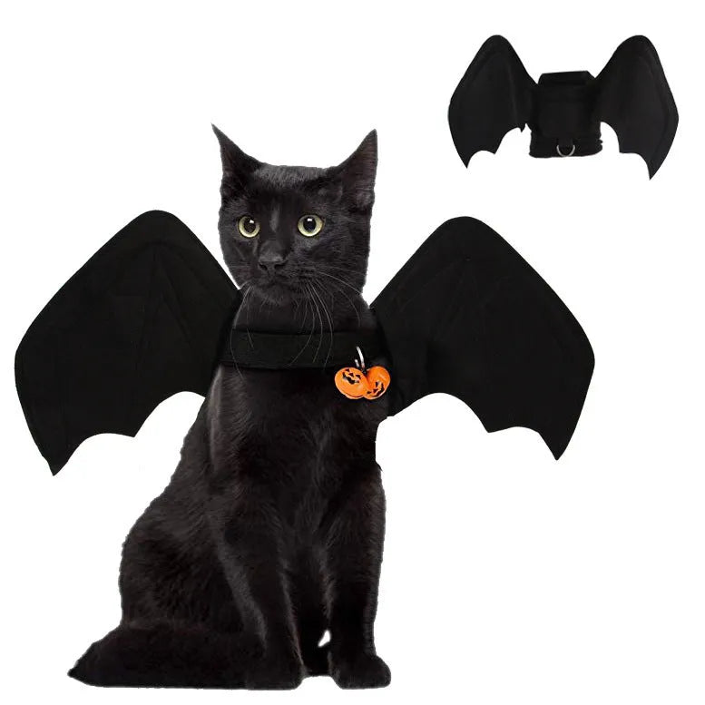 Black cloth bat wings costume for dog with 3D foldable wings and bell