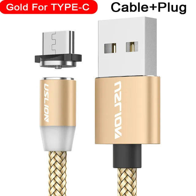 USLION circular magnetic charging cable in black, showing magnetic connector and plug for Android, iOS, or Type-C device.