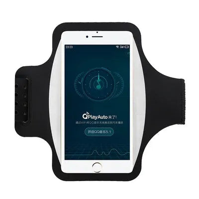 Black running armband phone case with transparent screen and card slot on a person's arm.