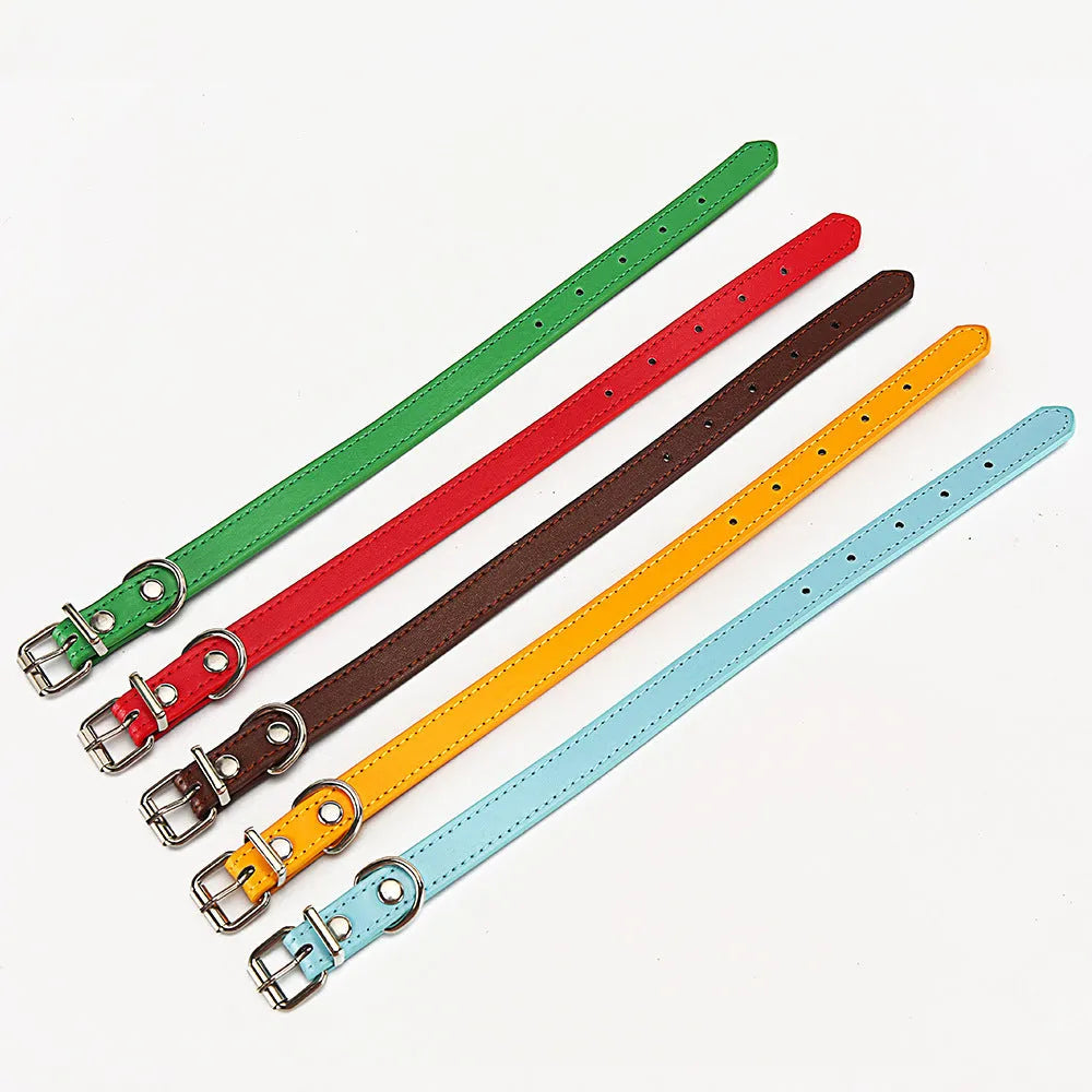 PU leather dog collar in Coffee colour, S size 1.0x30cm, with metal buckle on white background