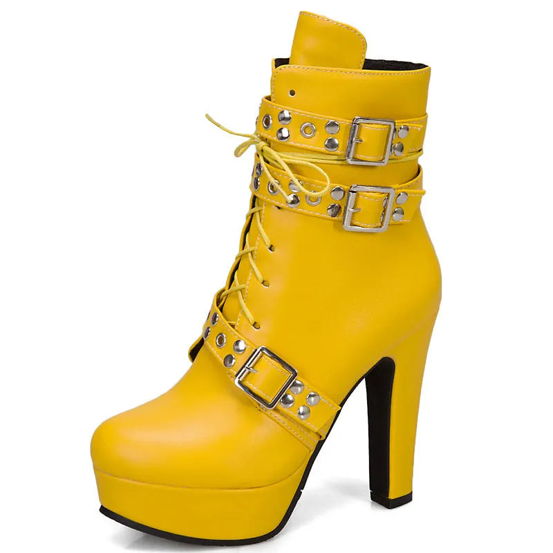 Women's high heel Martin's boots in black PU leather with round toe and thick heel super high over 8cm