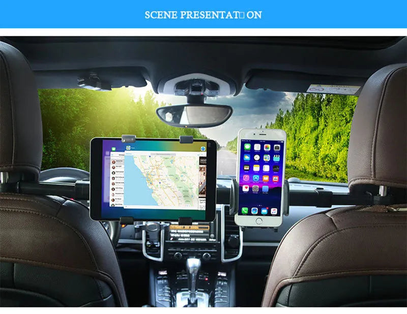 Black universal tablet PC car back seat bracket holding a tablet, with 360-degree rotation feature visible