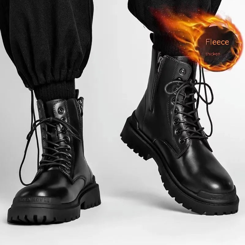 Men's mid-top British leather style boots with waterproof PU upper and rubber soles