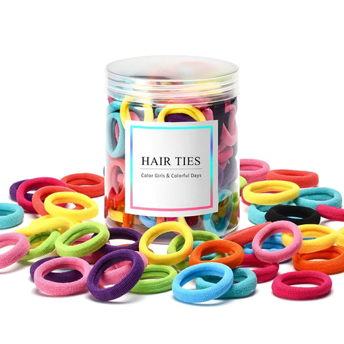 100 multicoloured seamless cotton baby hair ties in a small jar, showing soft fabric material.