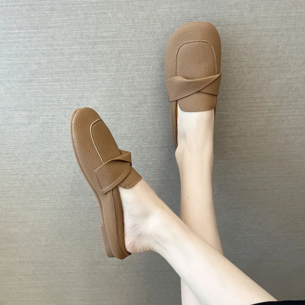 Closed toe loafers half slippers for women, soft bottom heel, square toe, PU upper, beige colour, side view