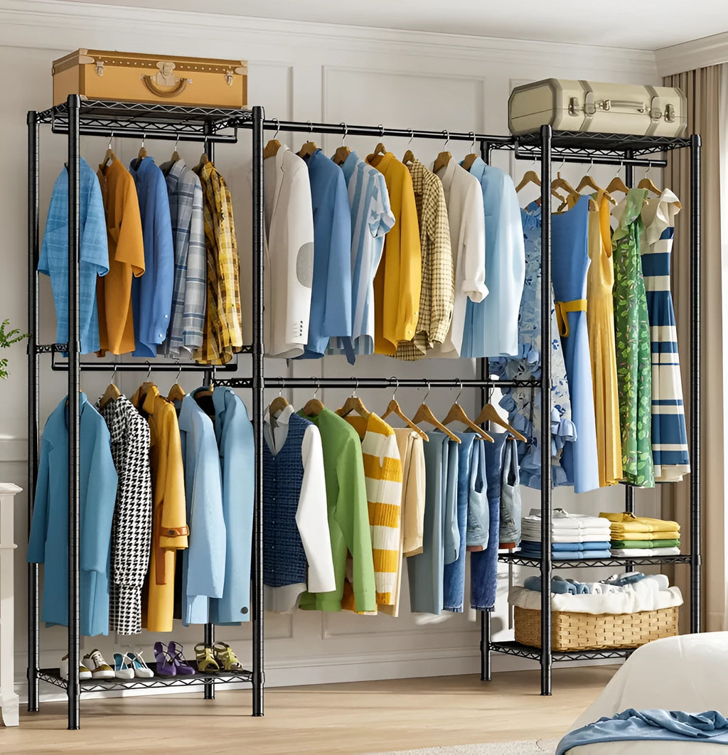 Black metal floor storage rack for hangers trousers and ties organisation 175x40x192cm dimensions