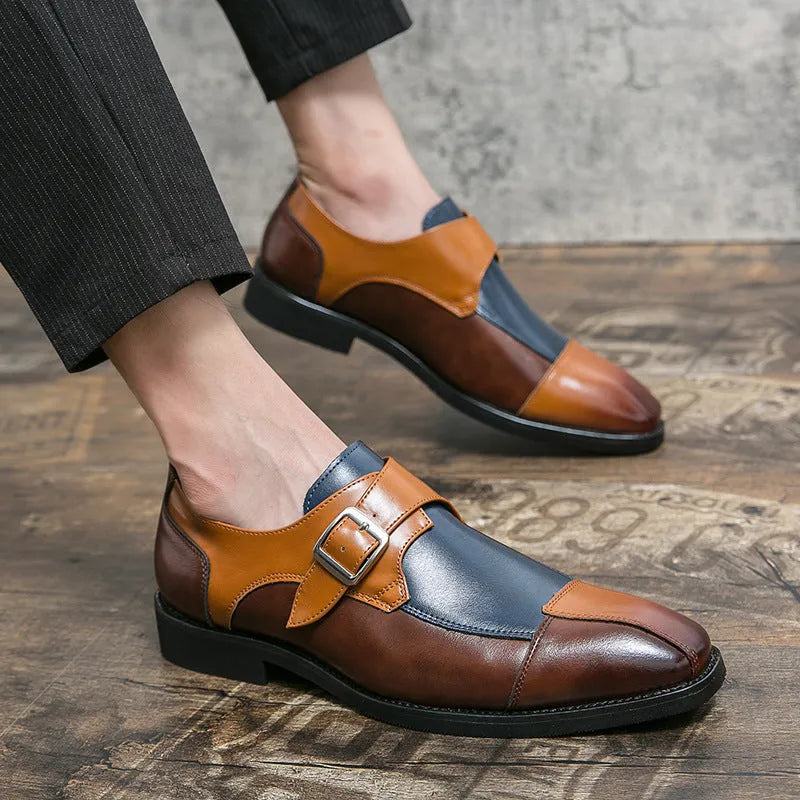 Men's brown blue and black retro buckle leather shoes with tall crown microfiber upper