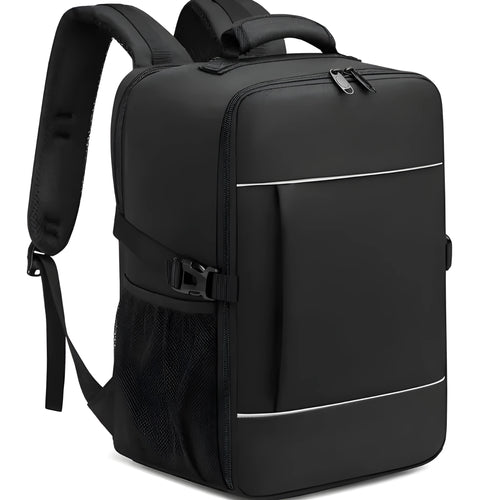 Black boarding bag travel computer backpack with sewing line detail and airpillow straps