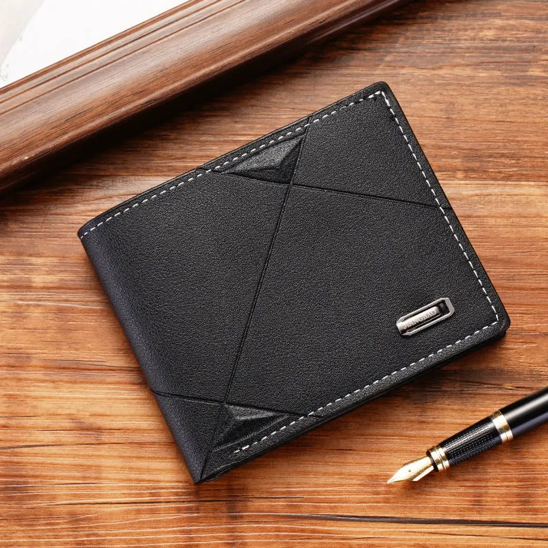 Men's thin three-fold PU leather wallet in black showing multiple card slots.