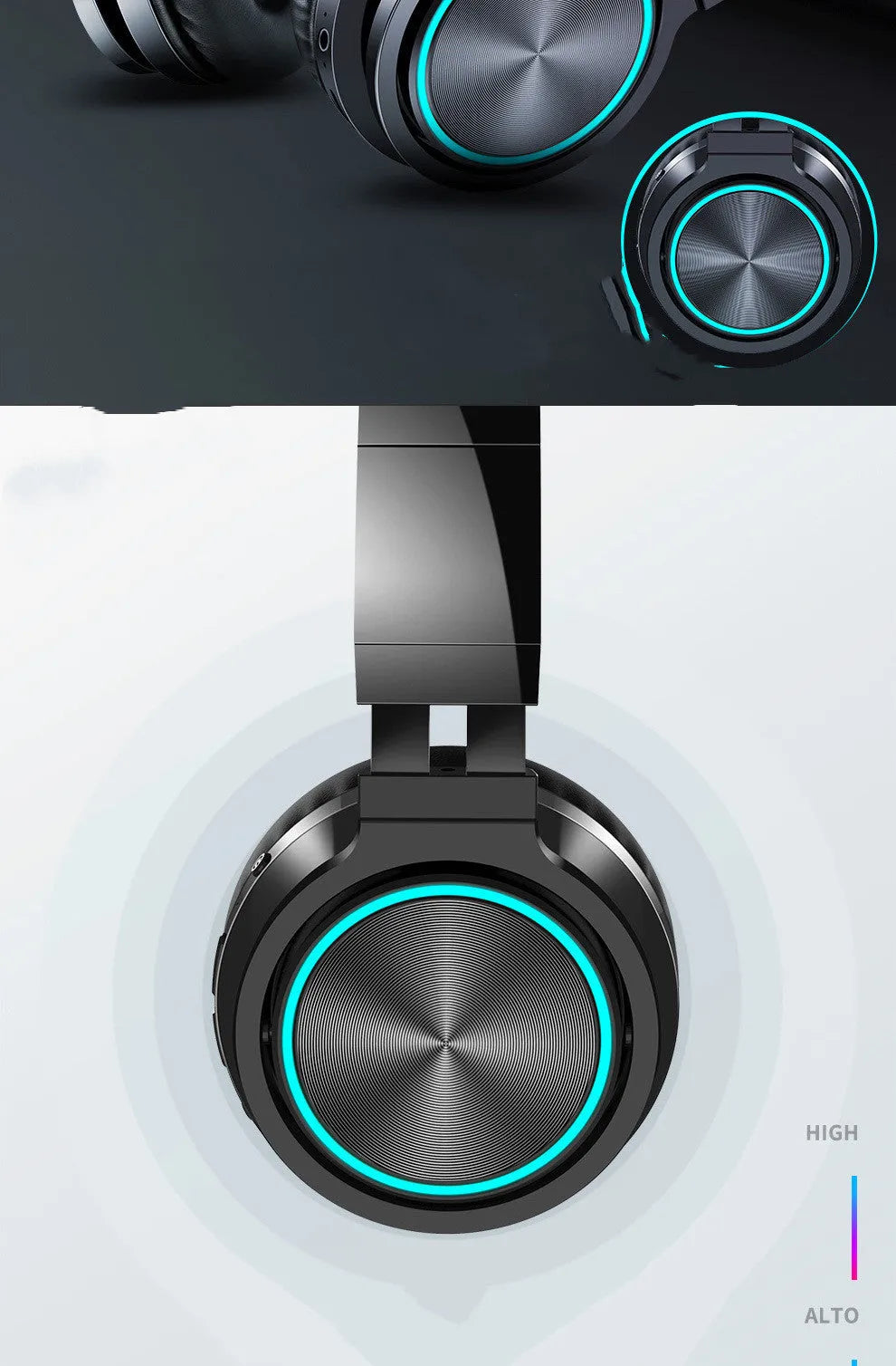 B12 wireless folding Bluetooth headset in black, shown in both open and folded positions