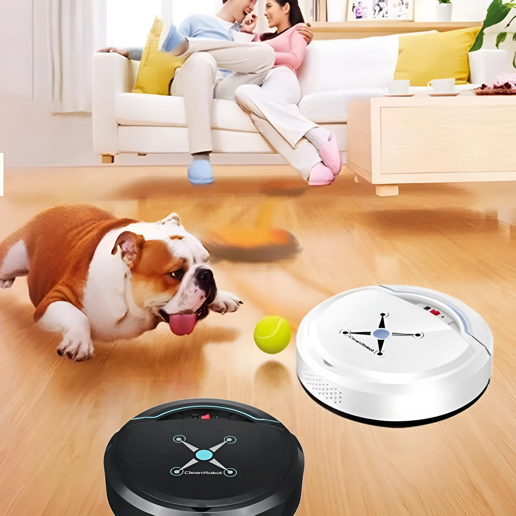 Smart robot vacuum cleaner in white, 22.8cm diameter, ABS construction, with obstacle sensors
