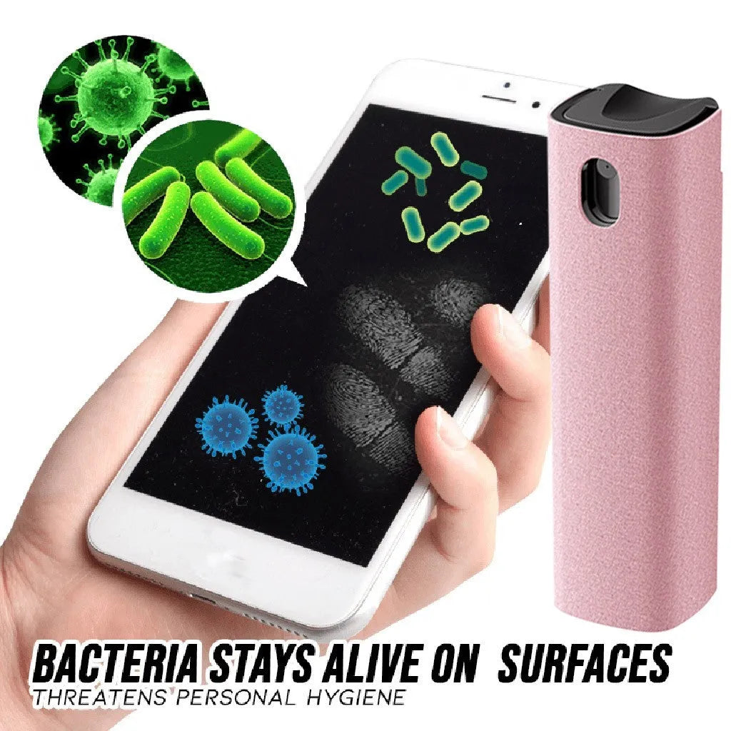 Portable screen cleaner bottle in blue and pink with attached microfiber cloth for cleaning phones and tablets