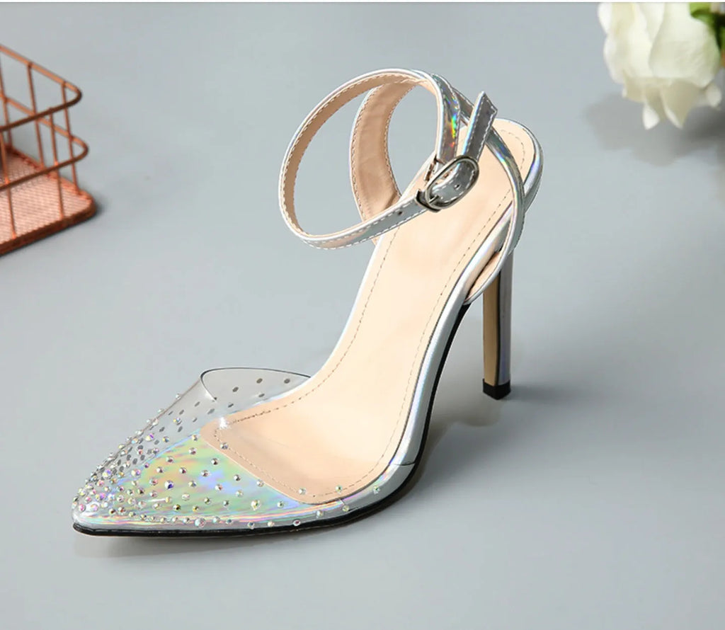 Women's pointed toe sandals with stiletto heel and diamond detail on the footbed.