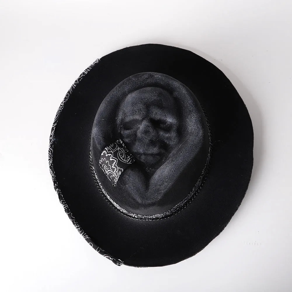 Handmade felt denim wool skull hat with cone crown in skull pattern colour