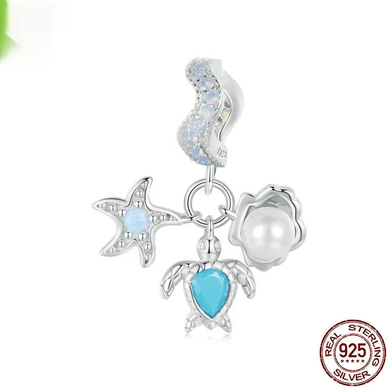 Ocean Wind Series 925 silver DIY bracelet beads with shell pattern and starfish element, 10x12mm size