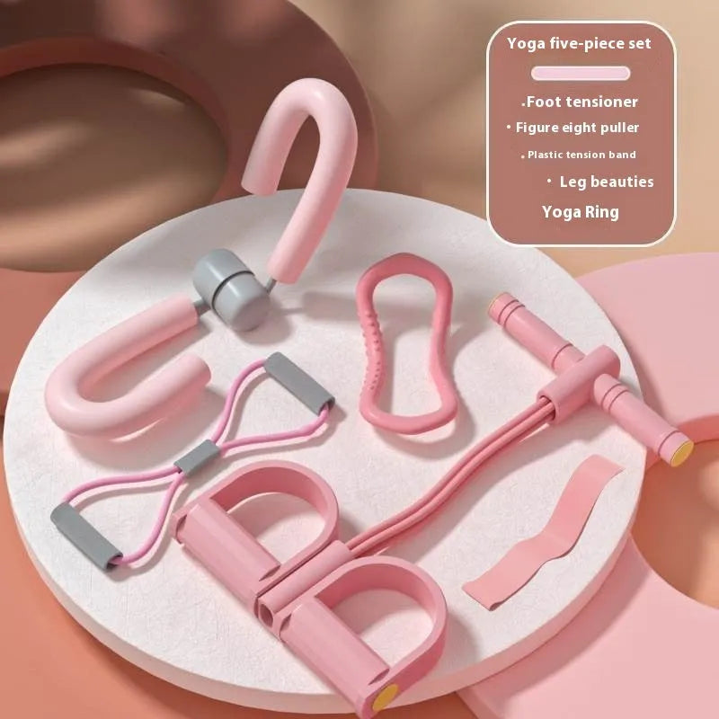 Yoga four piece fitness set showing leg stretcher, foot pedal, yoga ring, and figure eight tension rope.