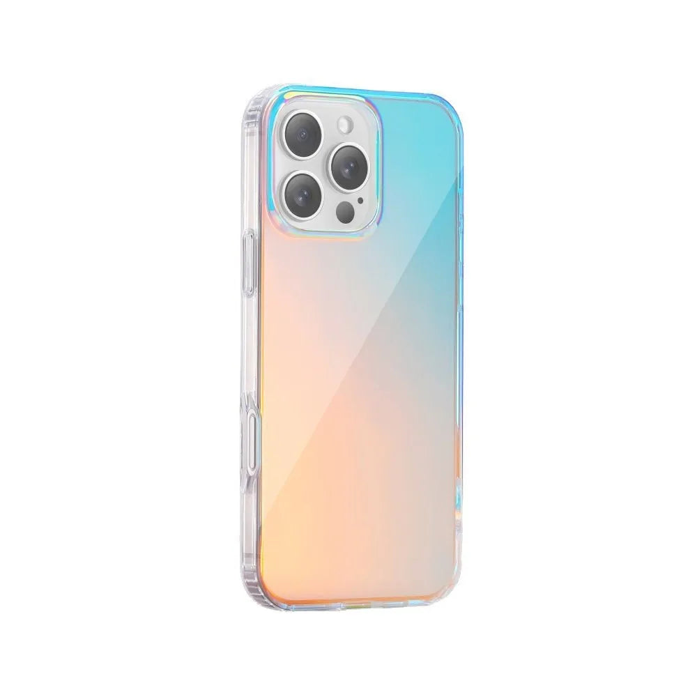 Glossy transparent magnetic iPhone case with chameleon colour-shift design on a smartphone.