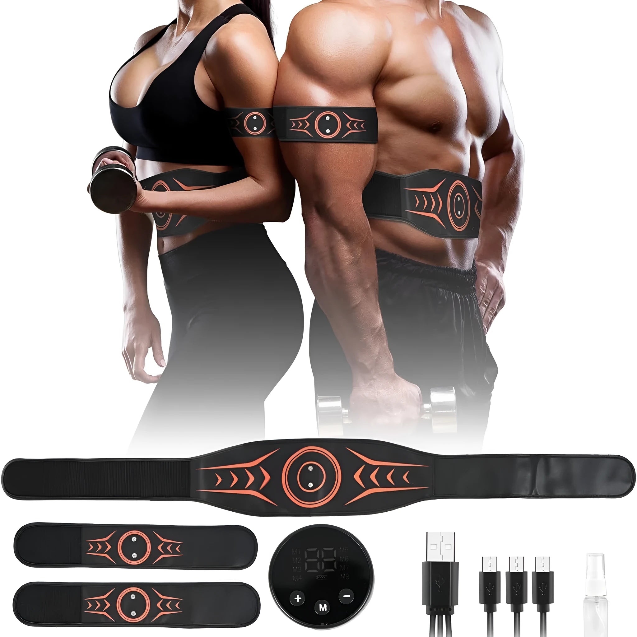 Rechargeable EMS abdominal training belt with extension strap and arm stickers for muscle stimulation