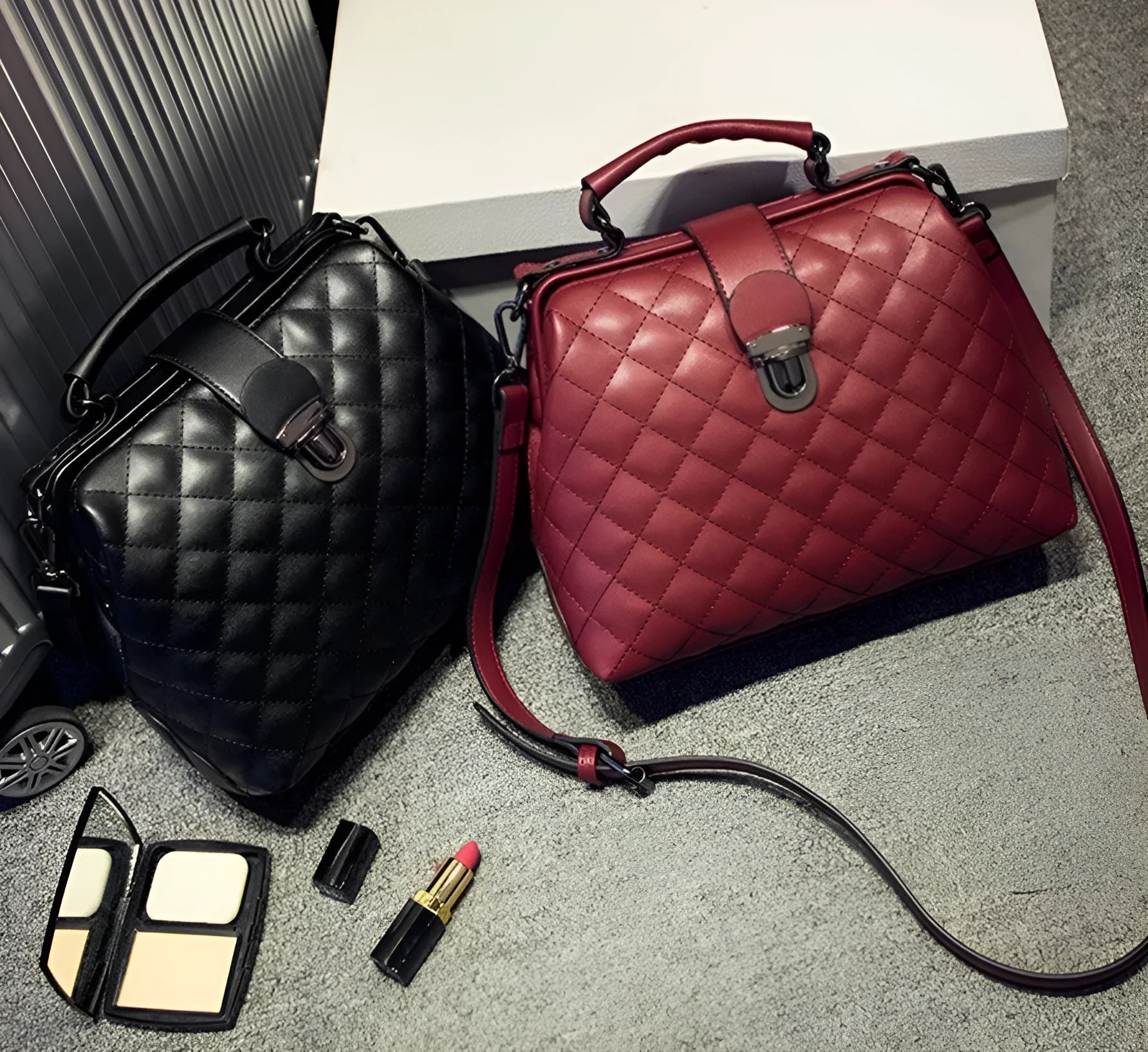 Lingge leather retro doctor bag shoulder bag in black, red, white, and yellow colours