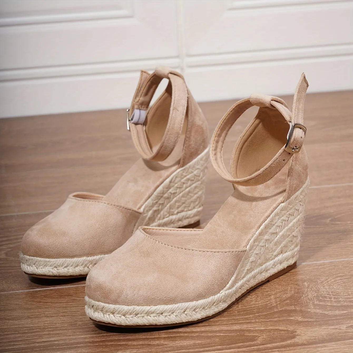 Women's apricot suede and canvas wedge sandals with round toe and buckle