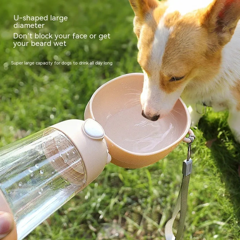 Portable dog water bottle and food container with built-in bowl in yellow, pink or brown colours