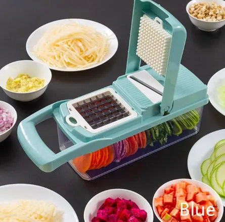 Multifunctional vegetable cutter with 7 stainless steel blades and wheat straw body in black, 31.8 cm