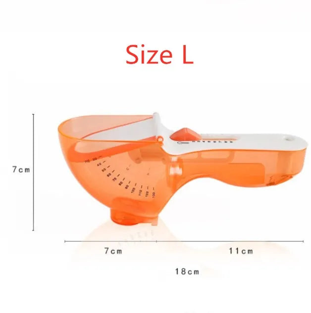Two magnetically nested digital measuring spoons in blue and orange on a kitchen surface