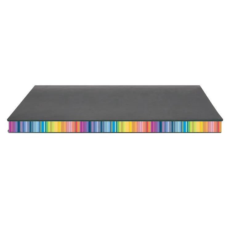 A5 rainbow side PU leather cover notebook open on a desk, showing lock line hardcover binding and 100g Daolin paper pages