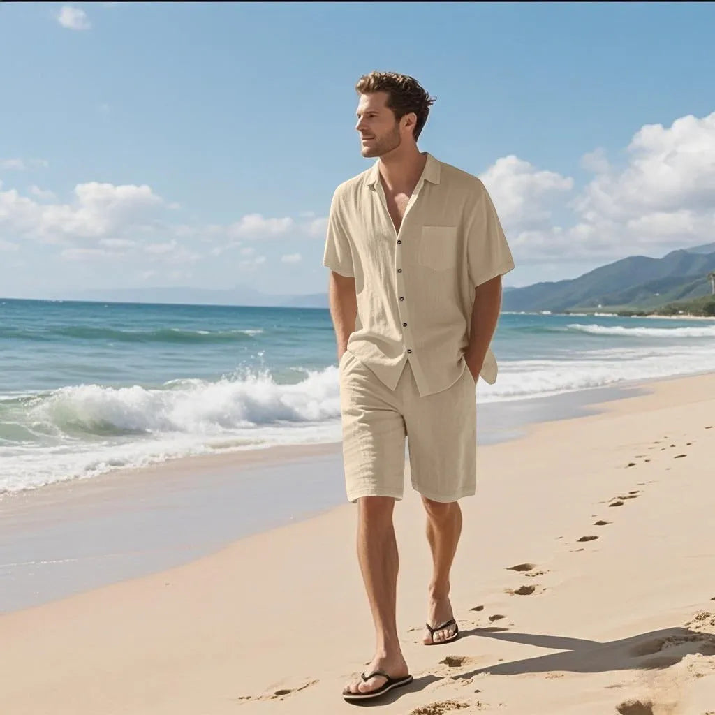 Men's linen blend short sleeve beach shirt and matching shorts in a light blue colour.