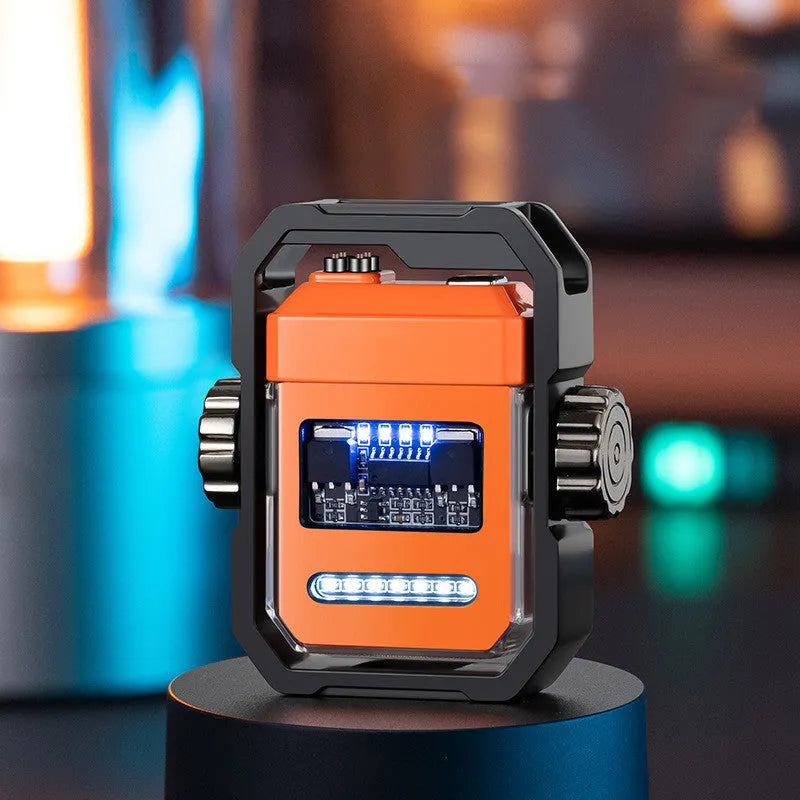 Blue Double Arc Pulse Lighter showing folded design, electric spark, and rotary gyroscope.