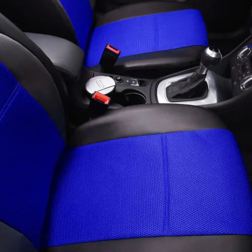 Auto artificial leather stitched 5-seater car seat cover set in black with dimensions for front seat, backrest, and backseat cushion