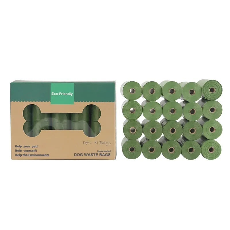 Green roll of EPI degradable thickened pet poop bags next to a green dispenser unit on a white background.