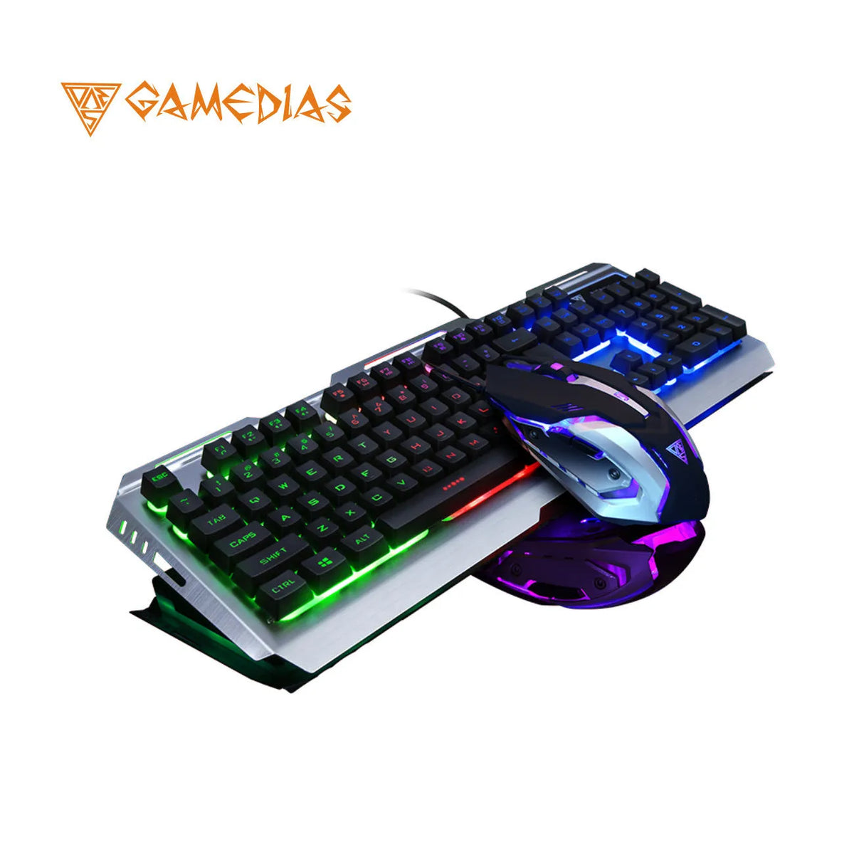 New game luminous keyboard and mouse set with rainbow colour lighting on a black desktop