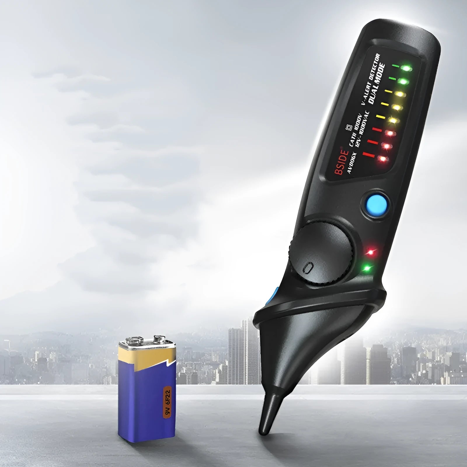 Smart sensor high voltage test pencil with round head tip and LED indicator light