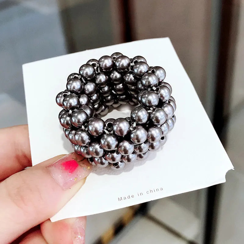 Handmade beaded hair rope with imitation pearls available in black pink silver and white colours