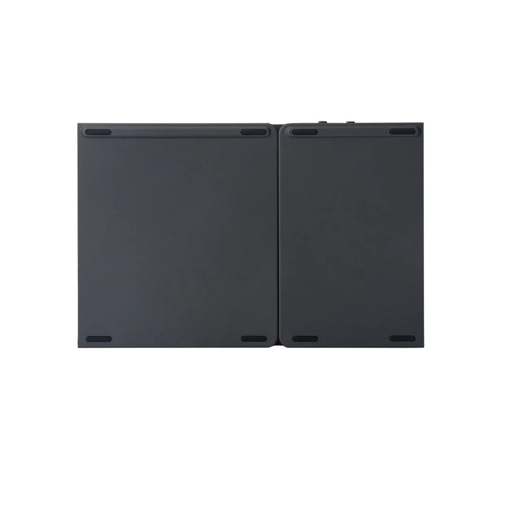 Tri-fold folding touch Bluetooth keyboard shown both open and closed with integrated touchpad