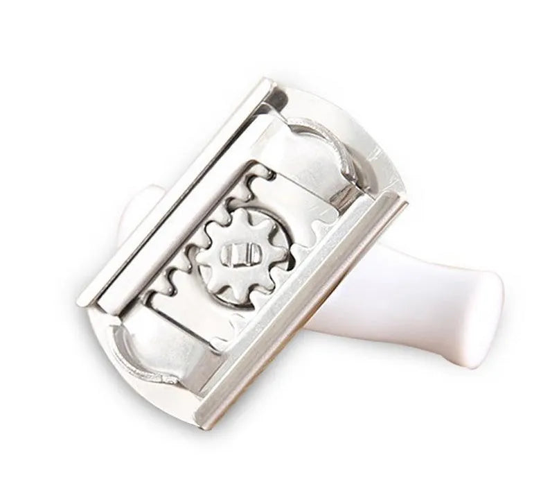 White stainless steel adjustable bottle cap opener with PP handle showing gear mechanism